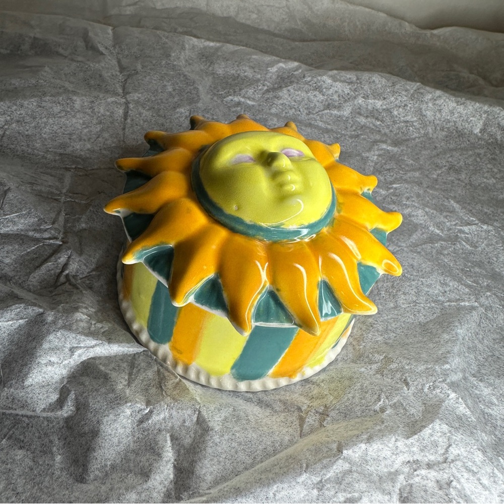 Handcrafted Celestial Sun painted Trinket Box Lidded Jar, Jewelry Dish with Lid